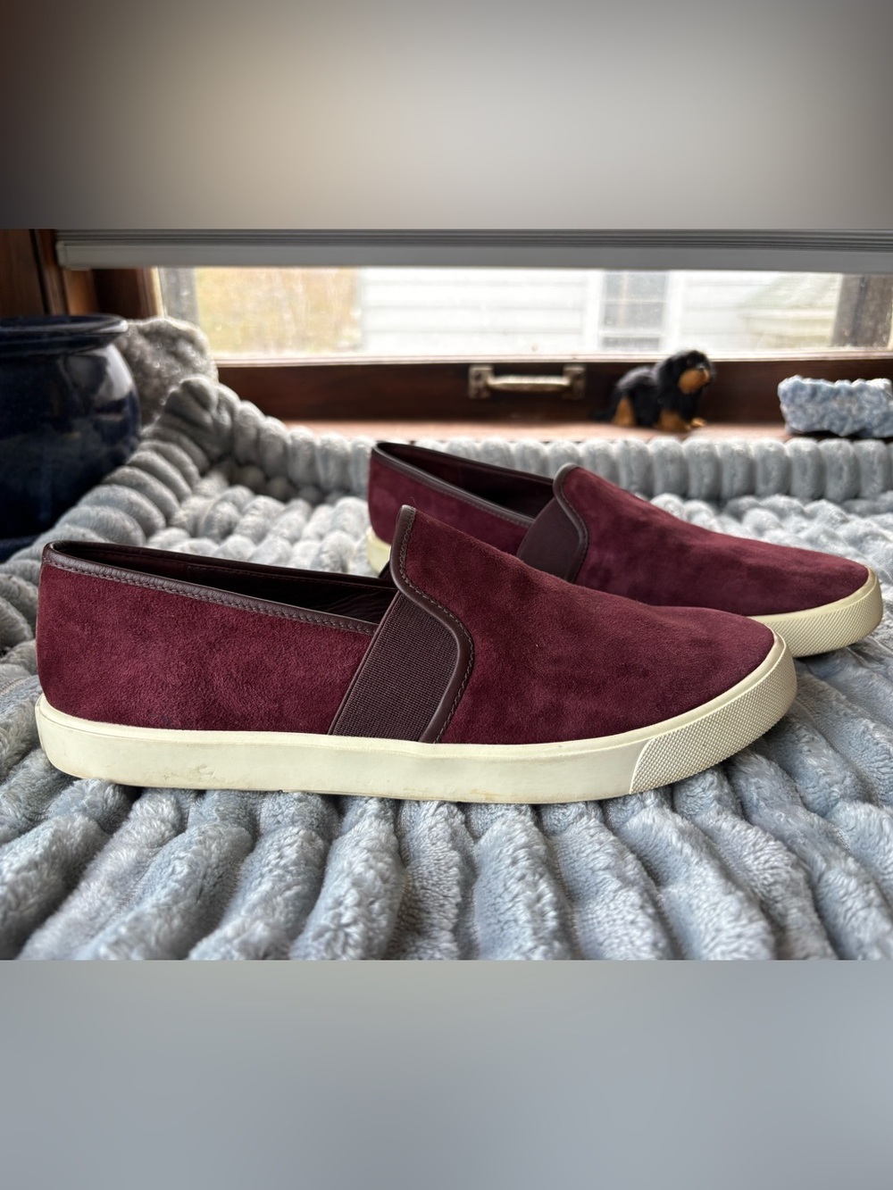 Vince suede maroon slip on shoes. 
Gently used. 8.5 women’s